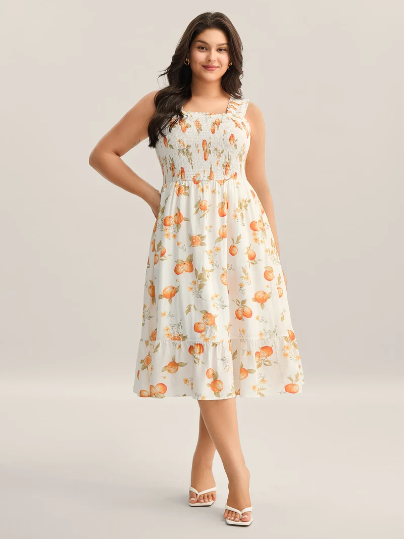 Citrus Print Shirred Pockets Midi Dress