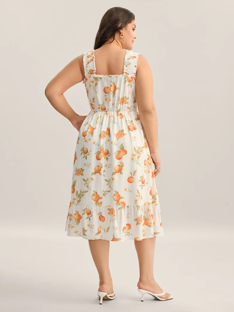 Citrus Print Shirred Pockets Midi Dress
