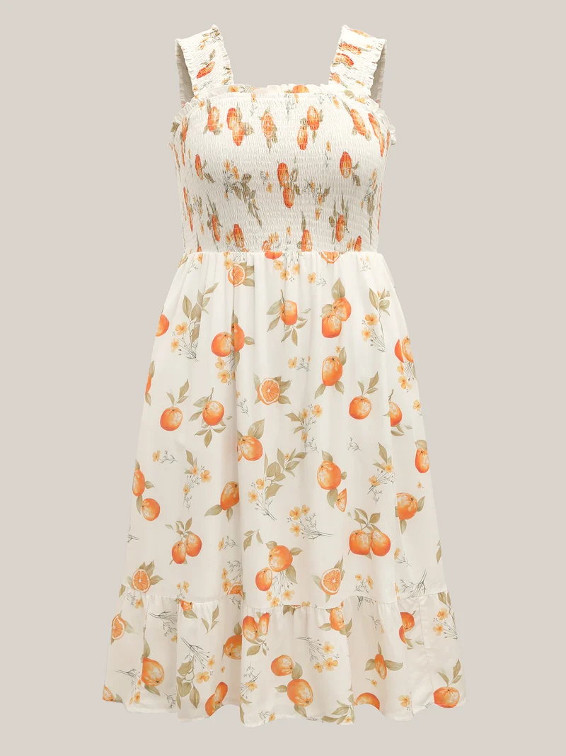 Citrus Print Shirred Pockets Midi Dress