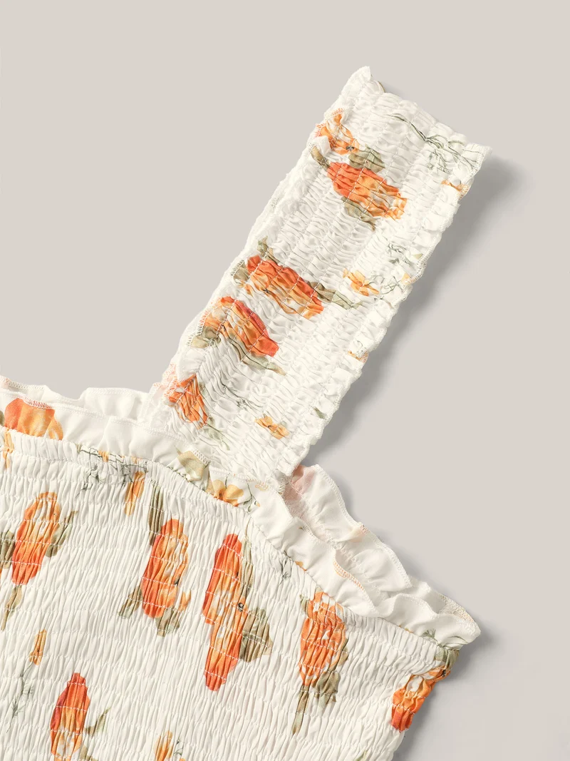 Citrus Print Shirred Pockets Midi Dress