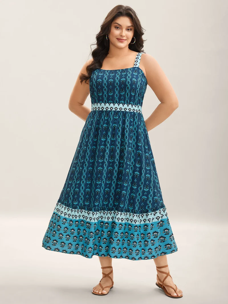 Rayon Geometric Print Pockets Maxi Dress