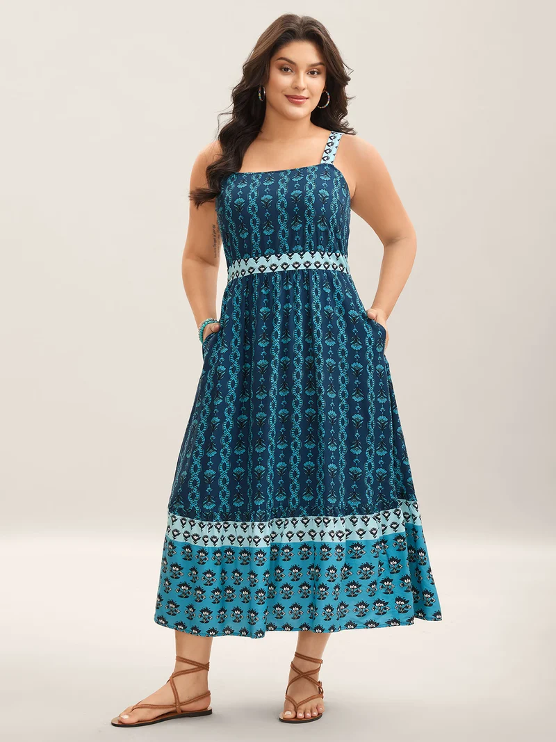 Rayon Geometric Print Pockets Maxi Dress