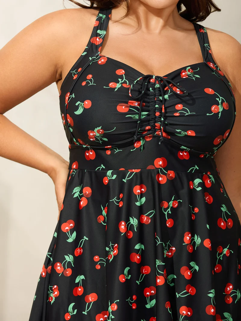 Anti-Float Tie Cherry Print Swim Dress