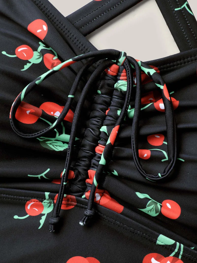 Anti-Float Tie Cherry Print Swim Dress