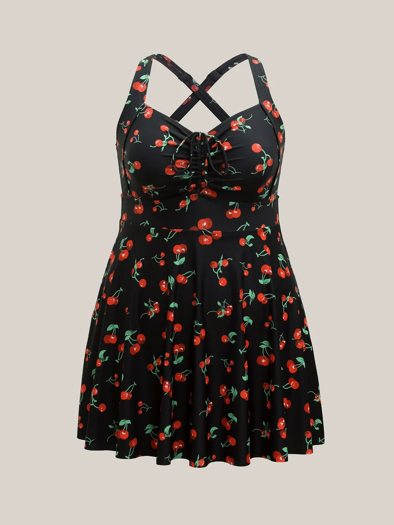 Anti-Float Tie Cherry Print Swim Dress