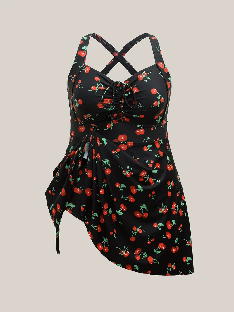 Anti-Float Tie Cherry Print Swim Dress