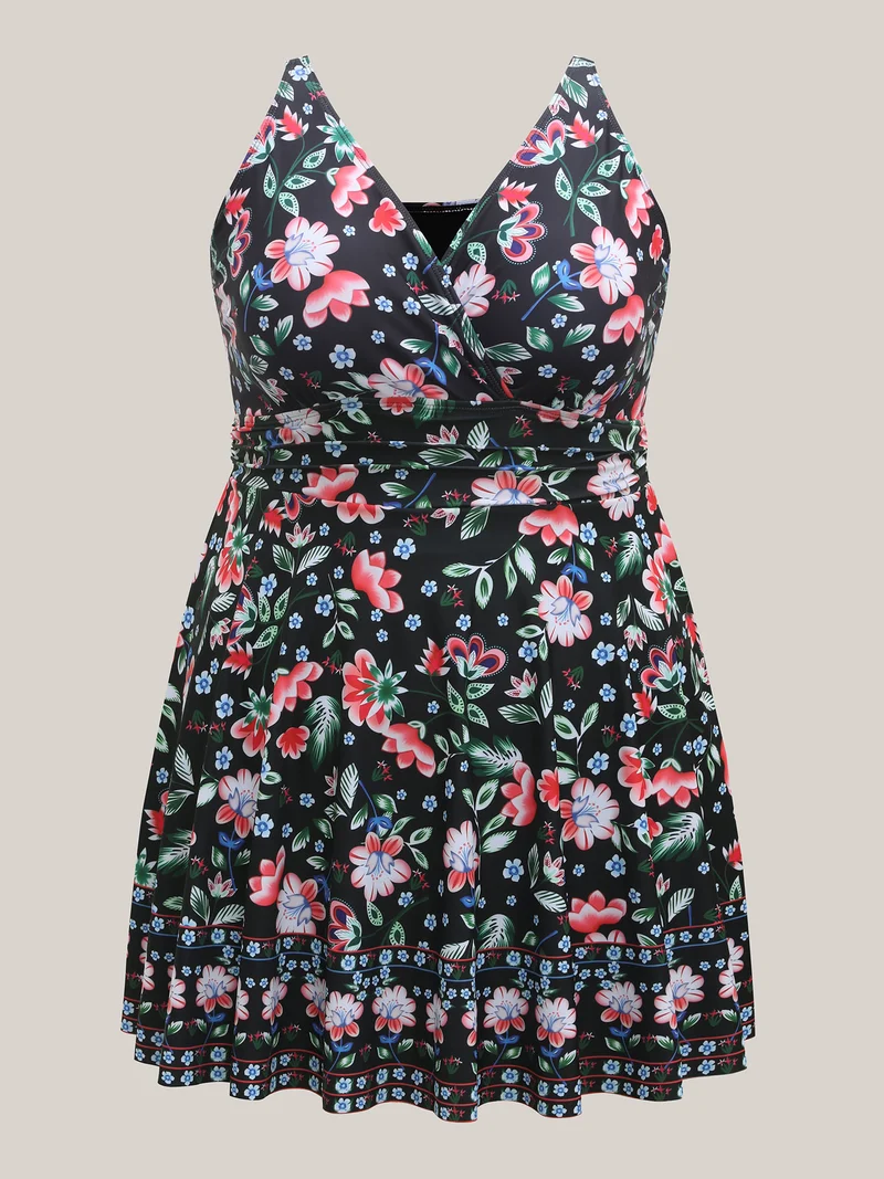 Floral Print Surplice Neck Swim Dress