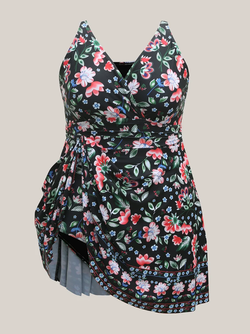 Floral Print Surplice Neck Swim Dress