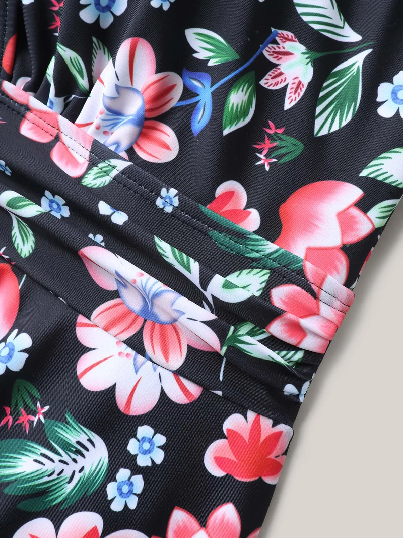 Floral Print Surplice Neck Swim Dress