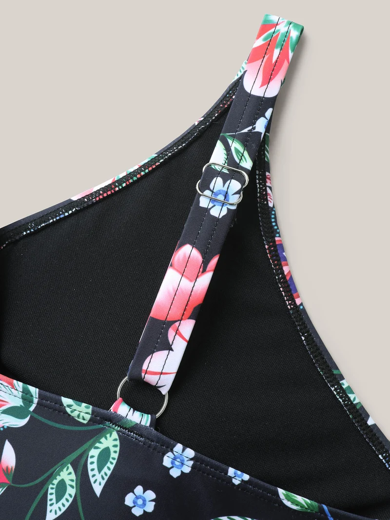 Floral Print Surplice Neck Swim Dress