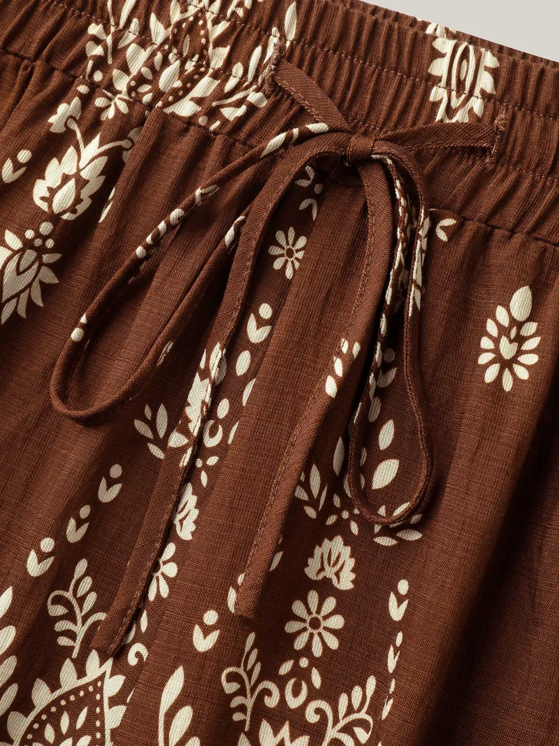 Boho Print Drawstring Wide-Leg Pants