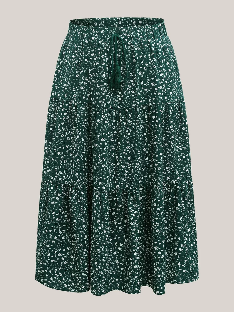 Ditsy Floral Print Tiered Tied Maxi Skirt