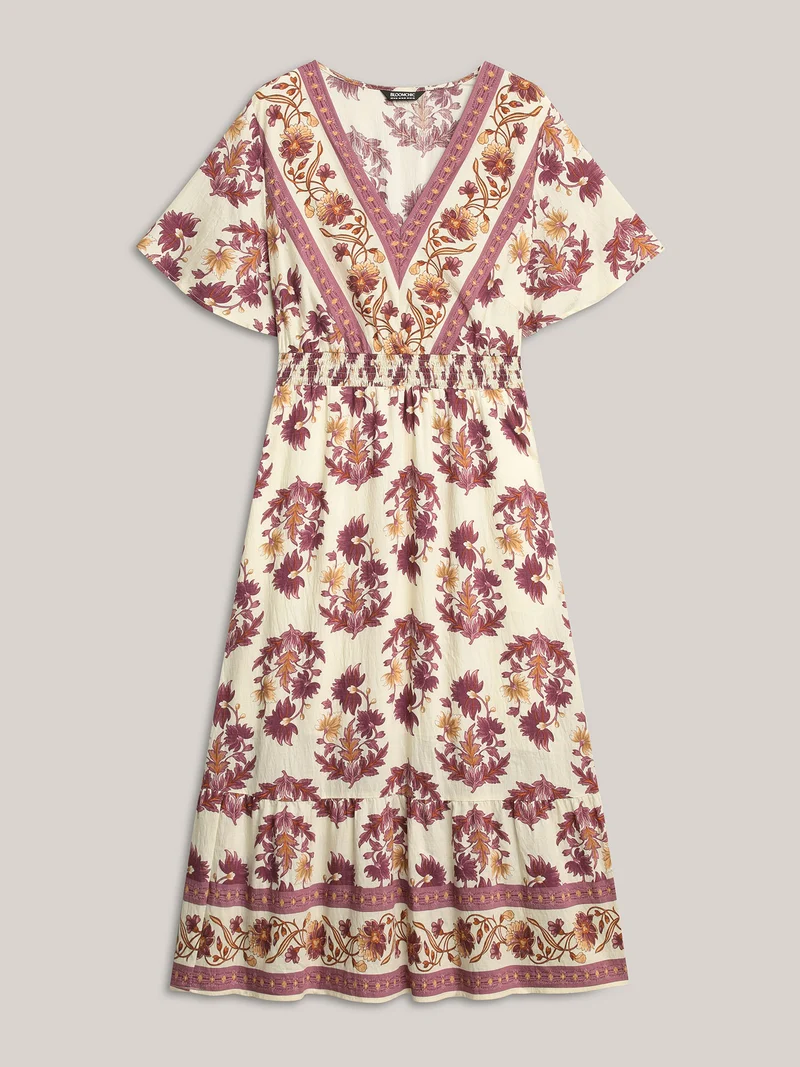Rayon Floral Print Stretchy Waist Midi Dress