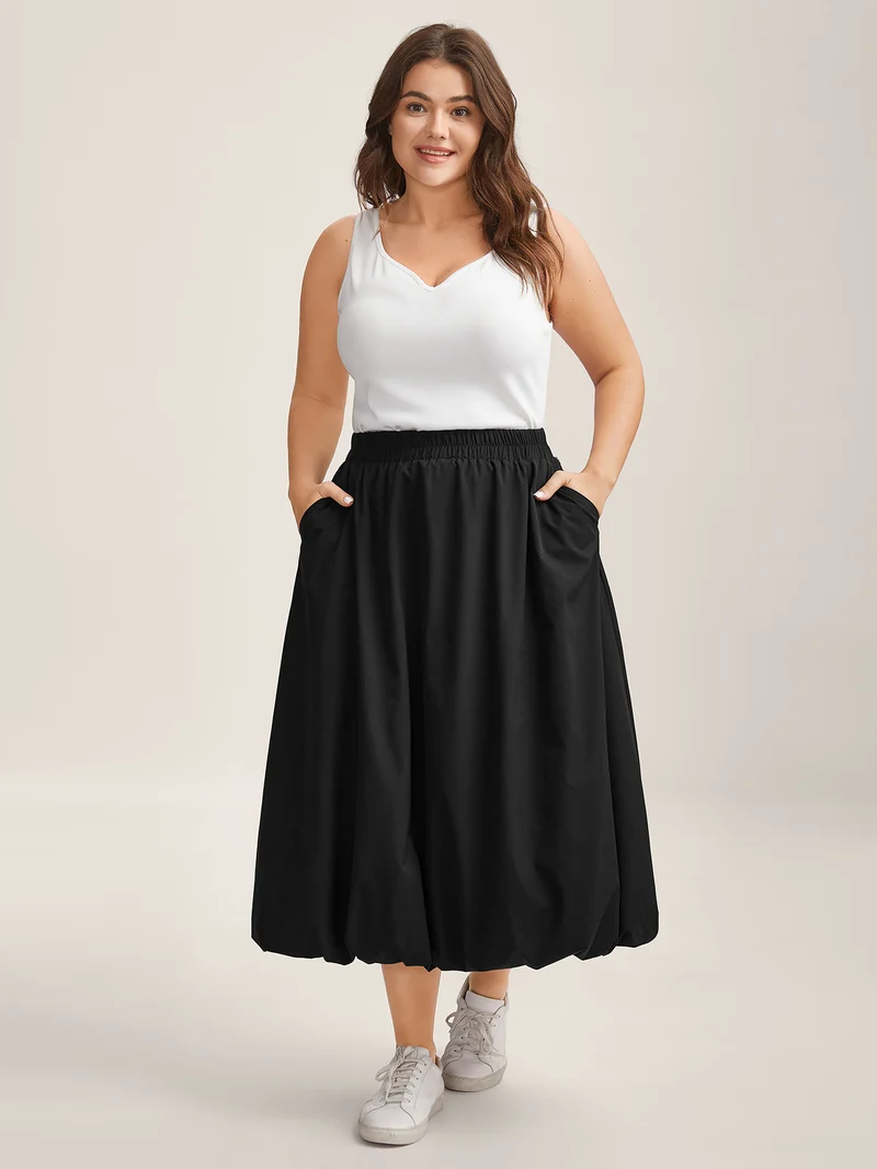 Bubble Hem Stretch Waist Midi Skirt