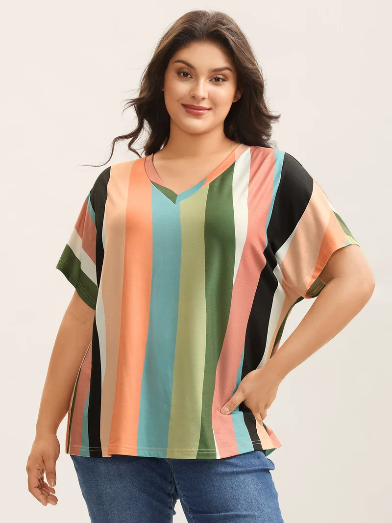 Stretchy Colorful Irregular Stripes T-Shirt
