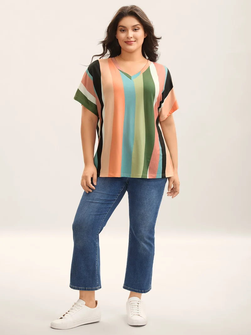 Stretchy Colorful Irregular Stripes T-Shirt