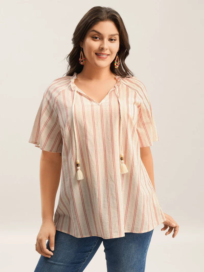 Cotton Stripes Print Neck Tassels Flowy Blouse