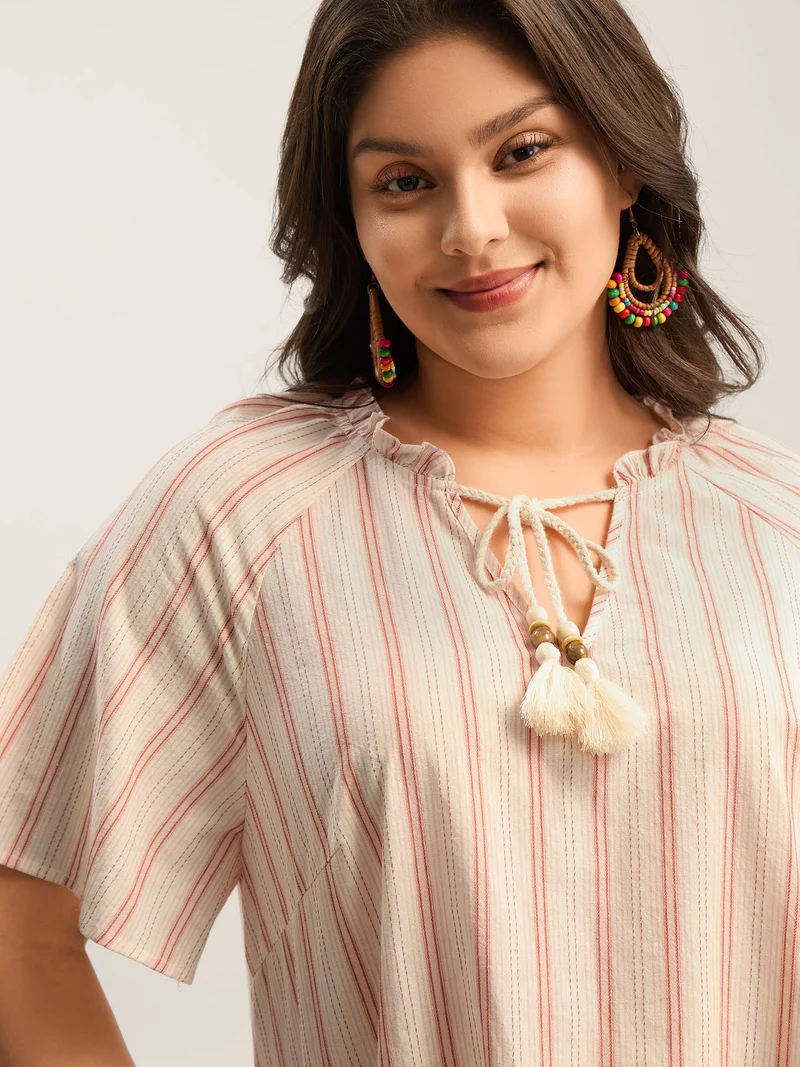 Cotton Stripes Print Neck Tassels Flowy Blouse