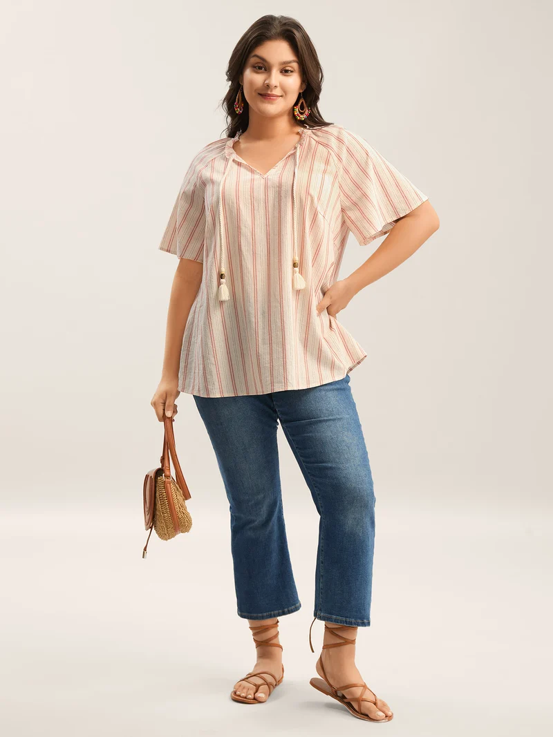 Cotton Stripes Print Neck Tassels Flowy Blouse