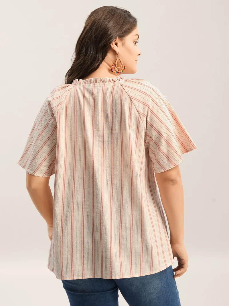 Cotton Stripes Print Neck Tassels Flowy Blouse