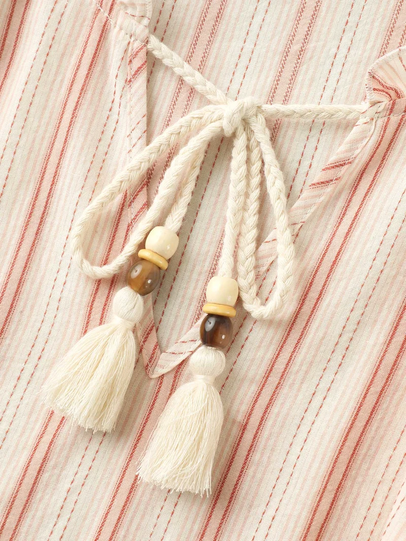 Cotton Stripes Print Neck Tassels Flowy Blouse