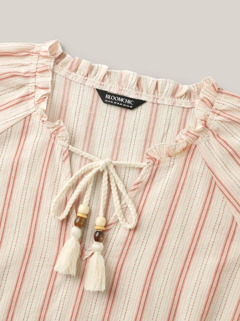 Cotton Stripes Print Neck Tassels Flowy Blouse