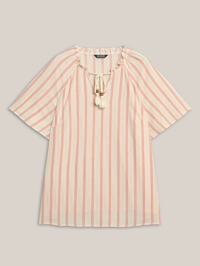 Cotton Stripes Print Neck Tassels Flowy Blouse