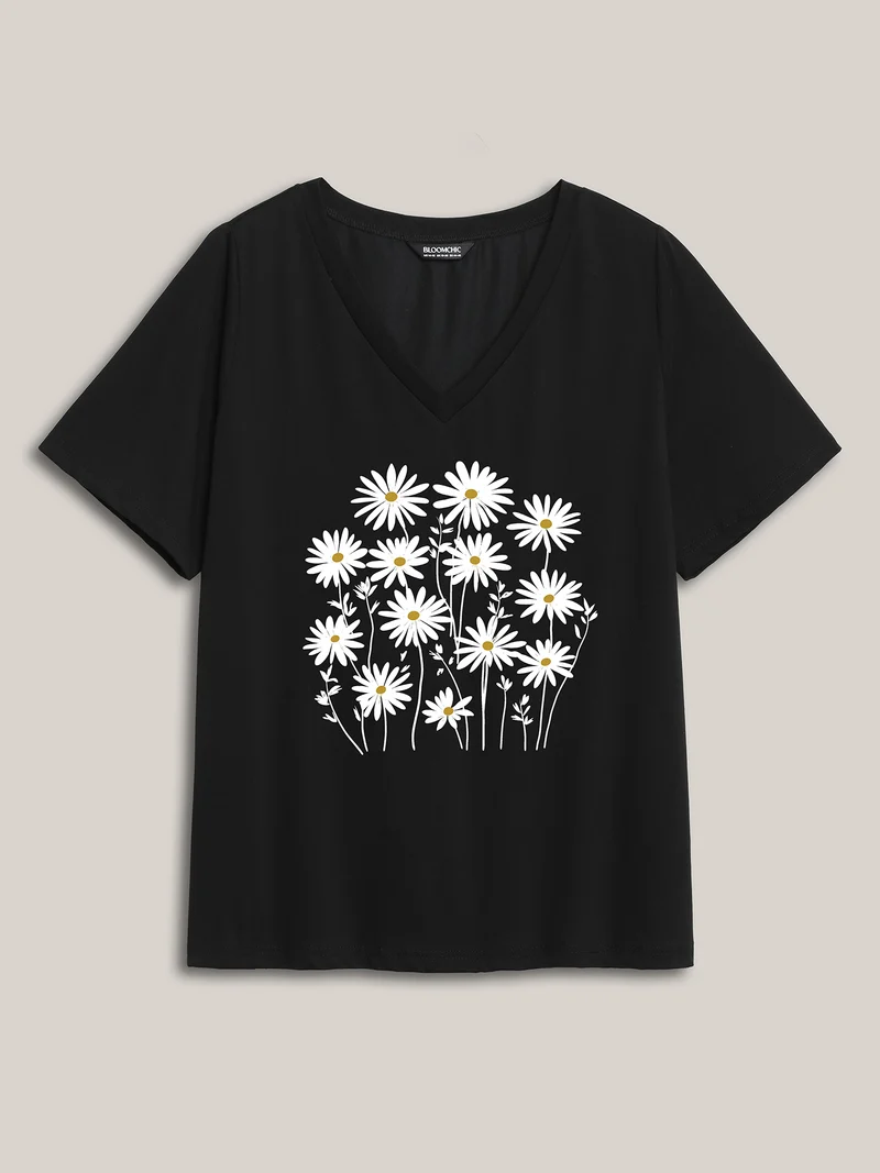 Floral Pattern V-Neck T-Shirt