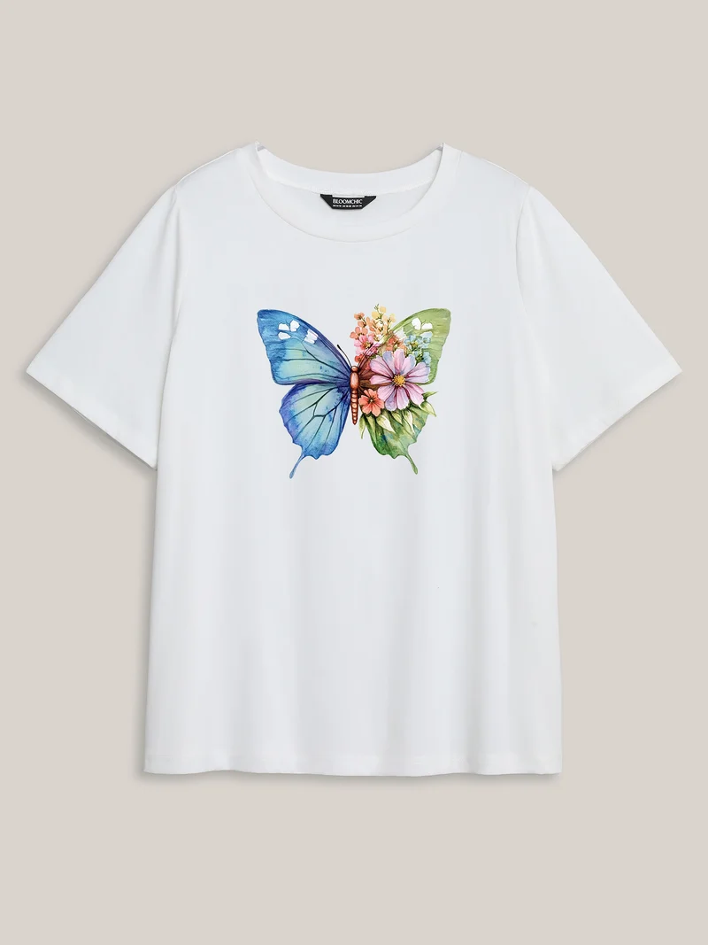 Blooming Butterfly Pattern Round Neck T-Shirt