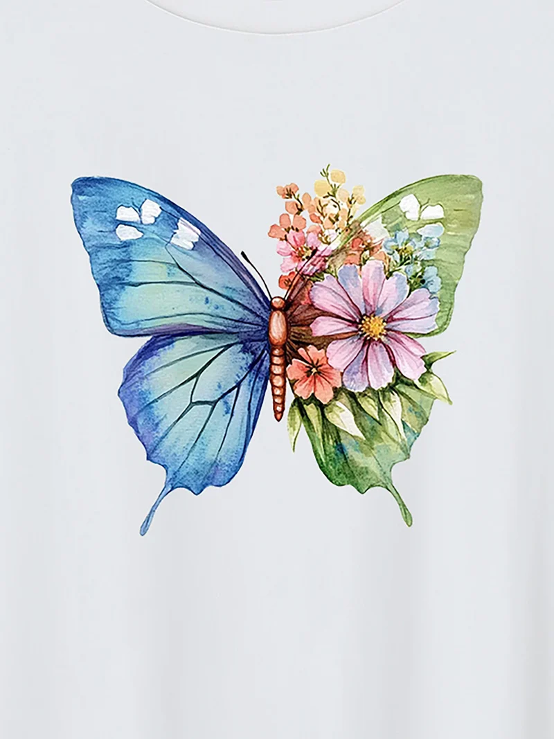 Blooming Butterfly Pattern Round Neck T-Shirt