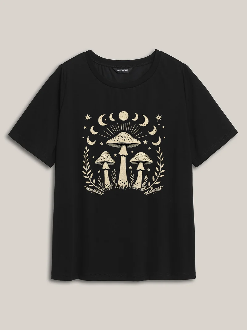 Celestial Mushroom Pattern Round Neck T-Shirt