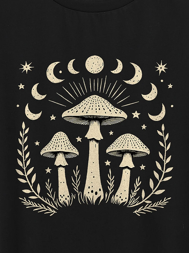 Celestial Mushroom Pattern Round Neck T-Shirt