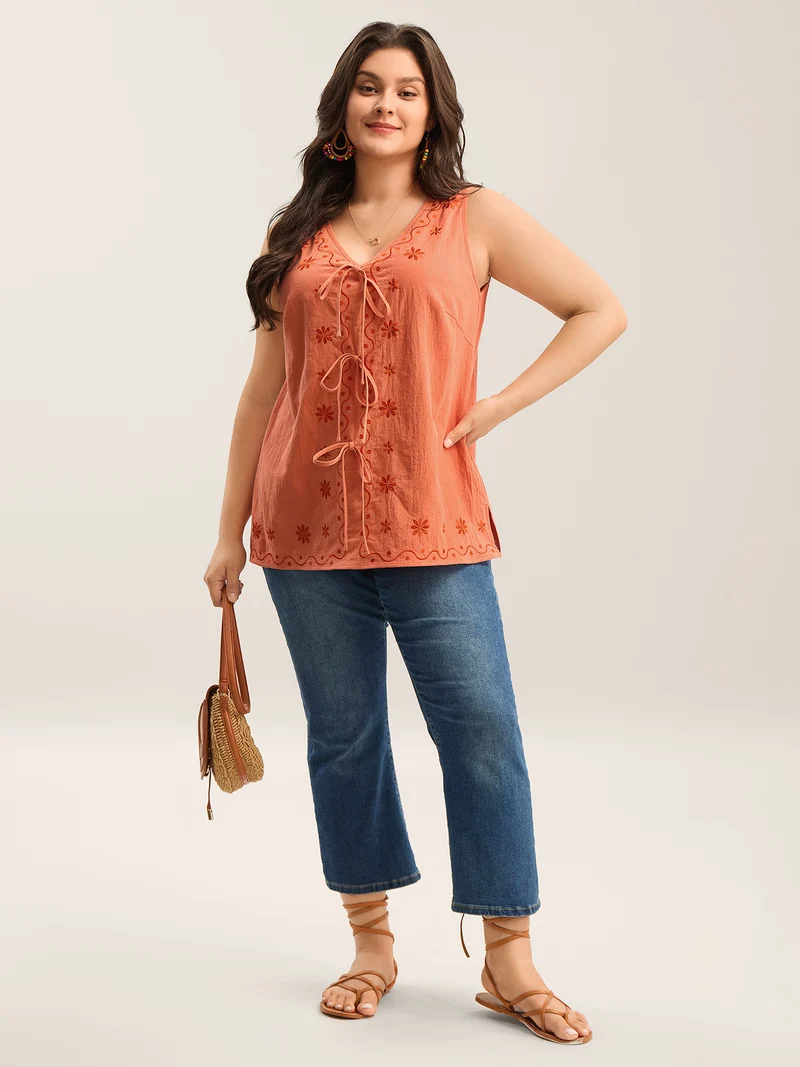 Ribbon Tie Embroidered Cotton Tank Top