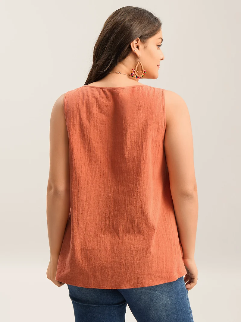 Ribbon Tie Embroidered Cotton Tank Top