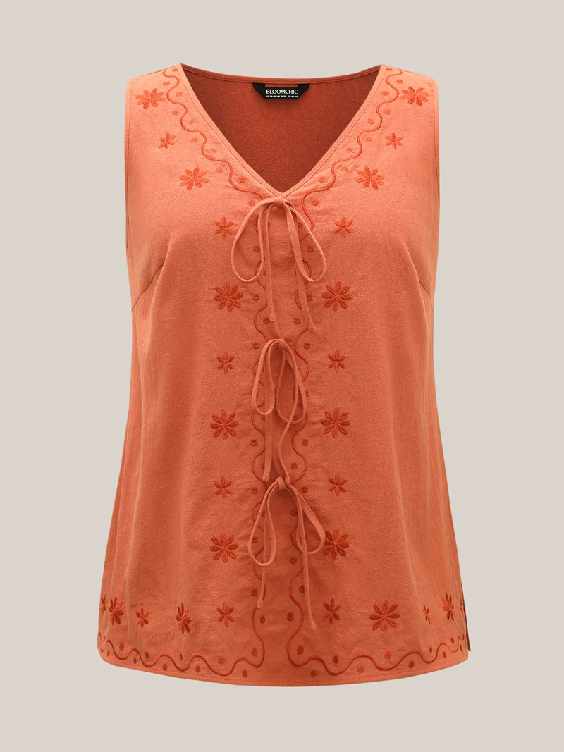 Ribbon Tie Embroidered Cotton Tank Top