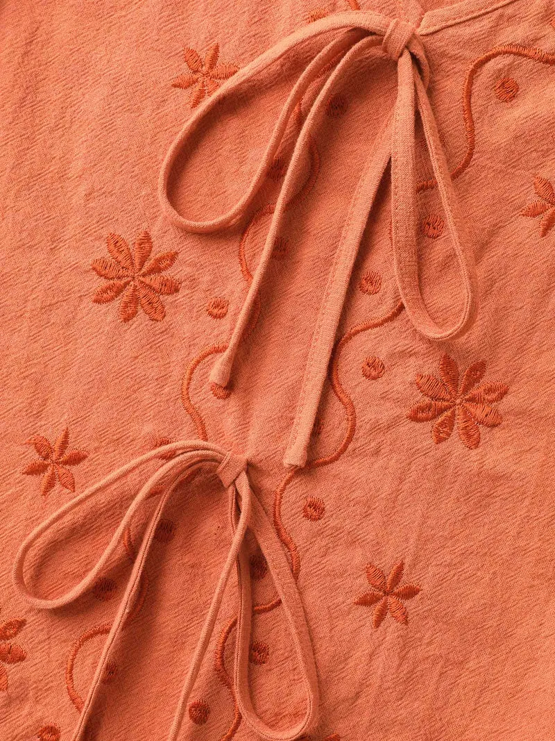 Ribbon Tie Embroidered Cotton Tank Top