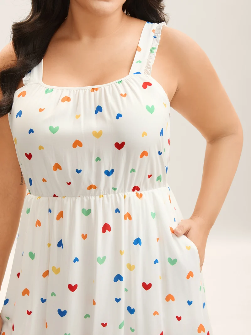 Colorful Hearts Print Pockets Midi Dress