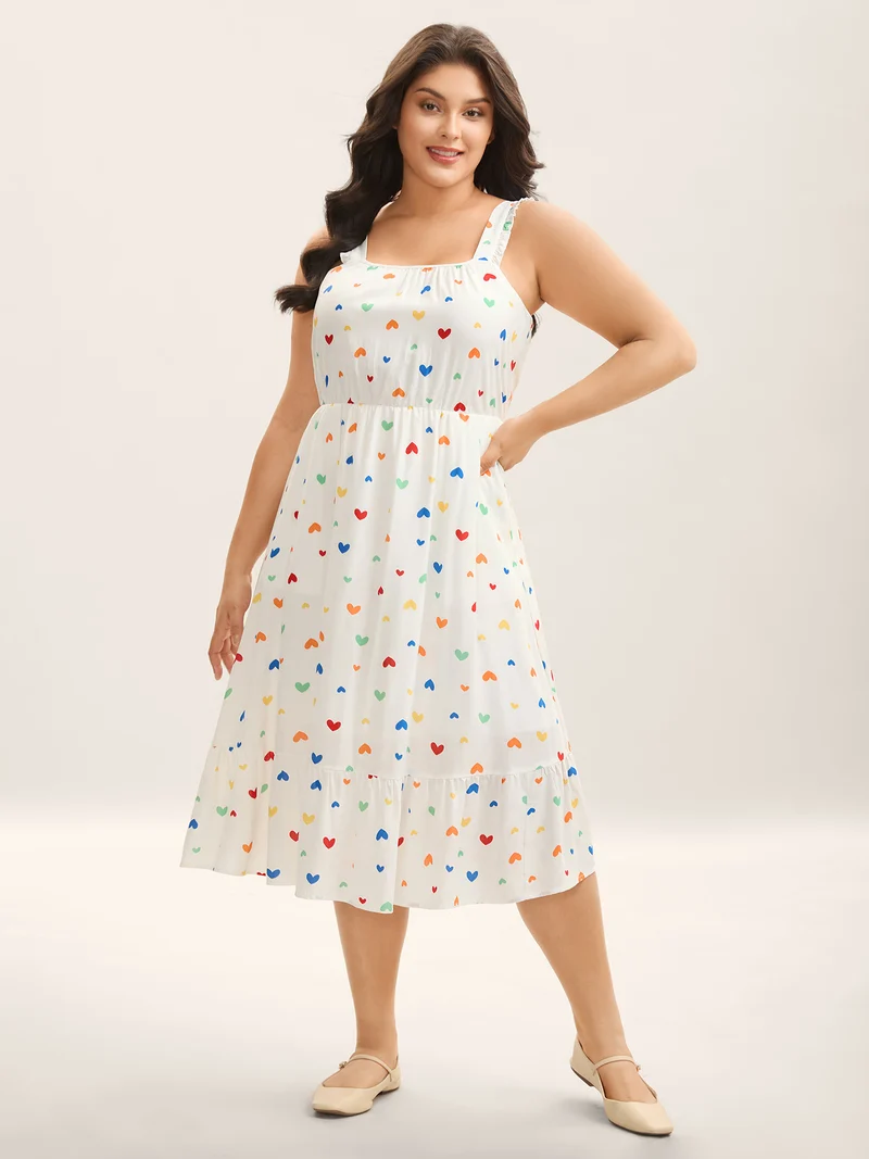 Colorful Hearts Print Pockets Midi Dress
