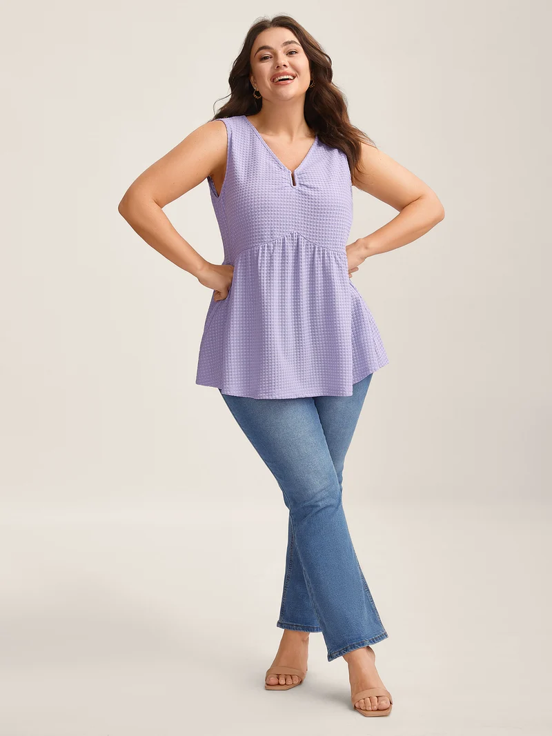 Textured Metallic Detail Split Neck Tank Top