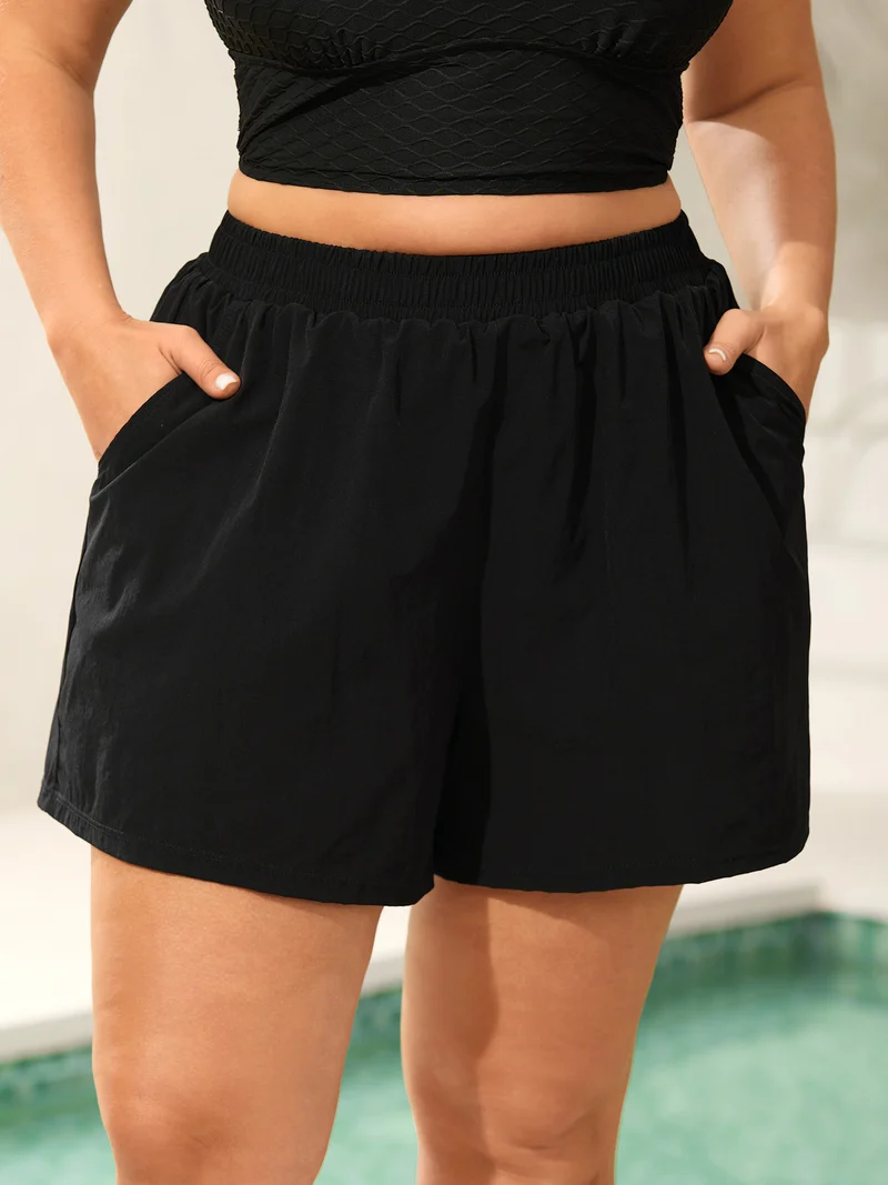 Stretchy Waist Pockets Wide-Leg Swim Bottoms