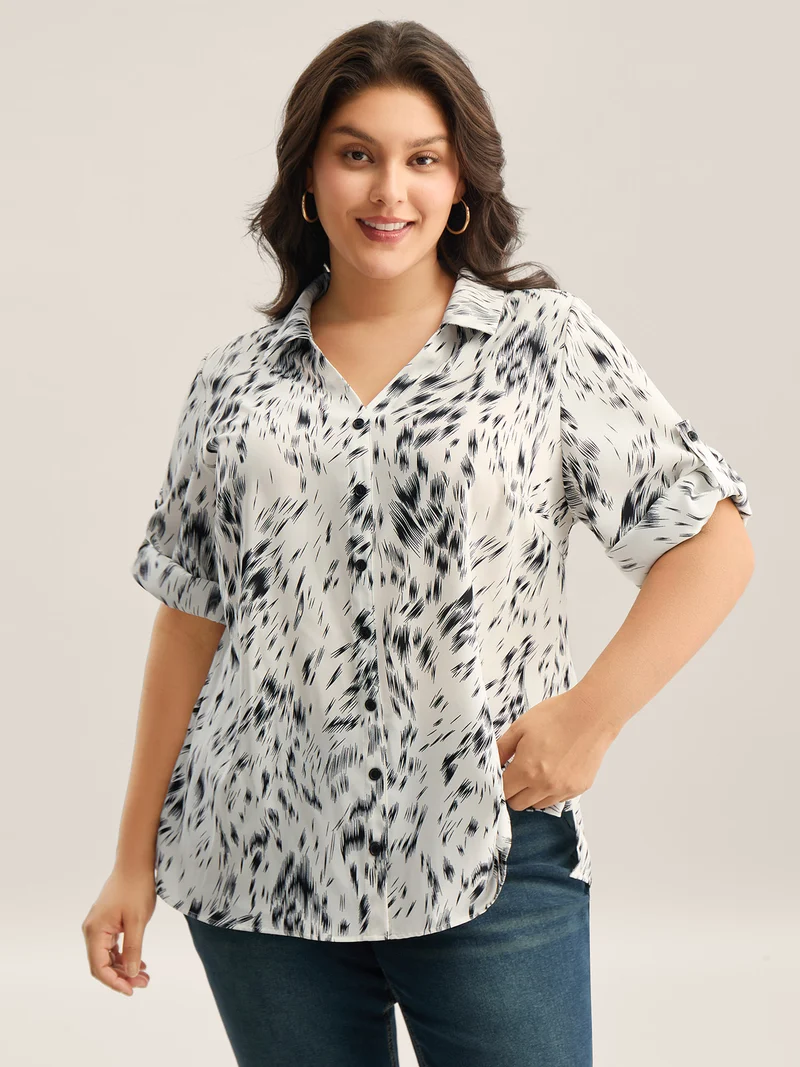 Zebra Print Tab Sleeve Shirt Collar Blouse