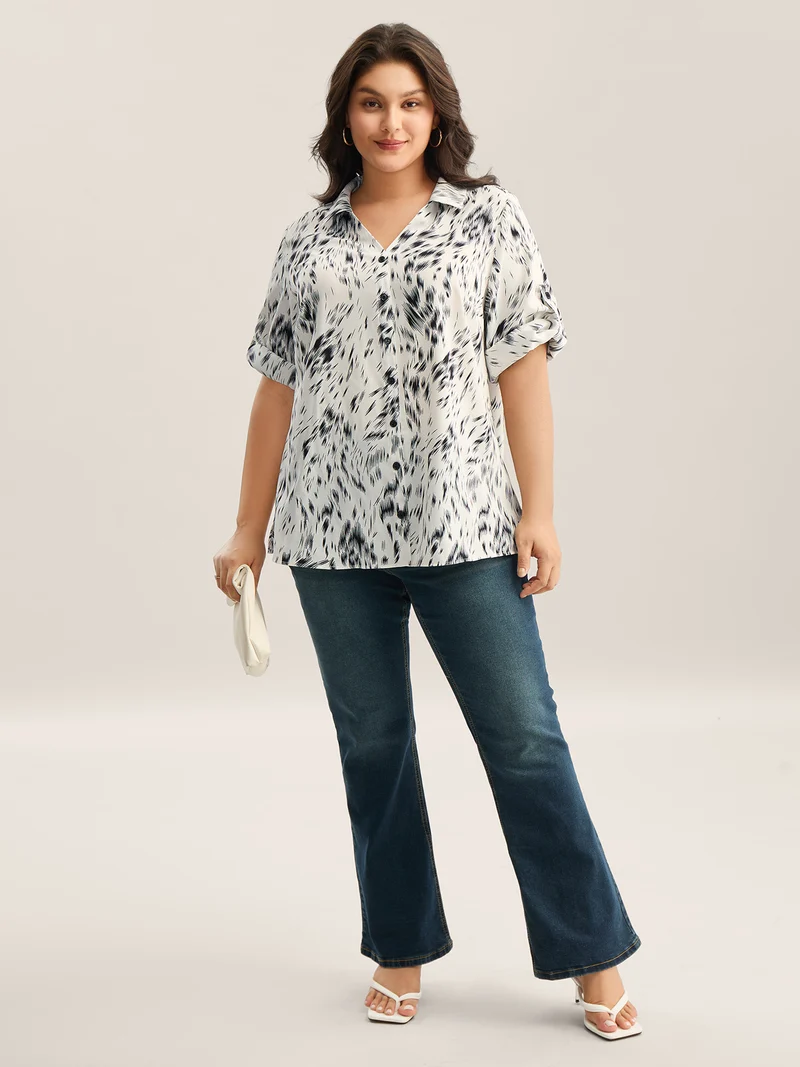 Zebra Print Tab Sleeve Shirt Collar Blouse
