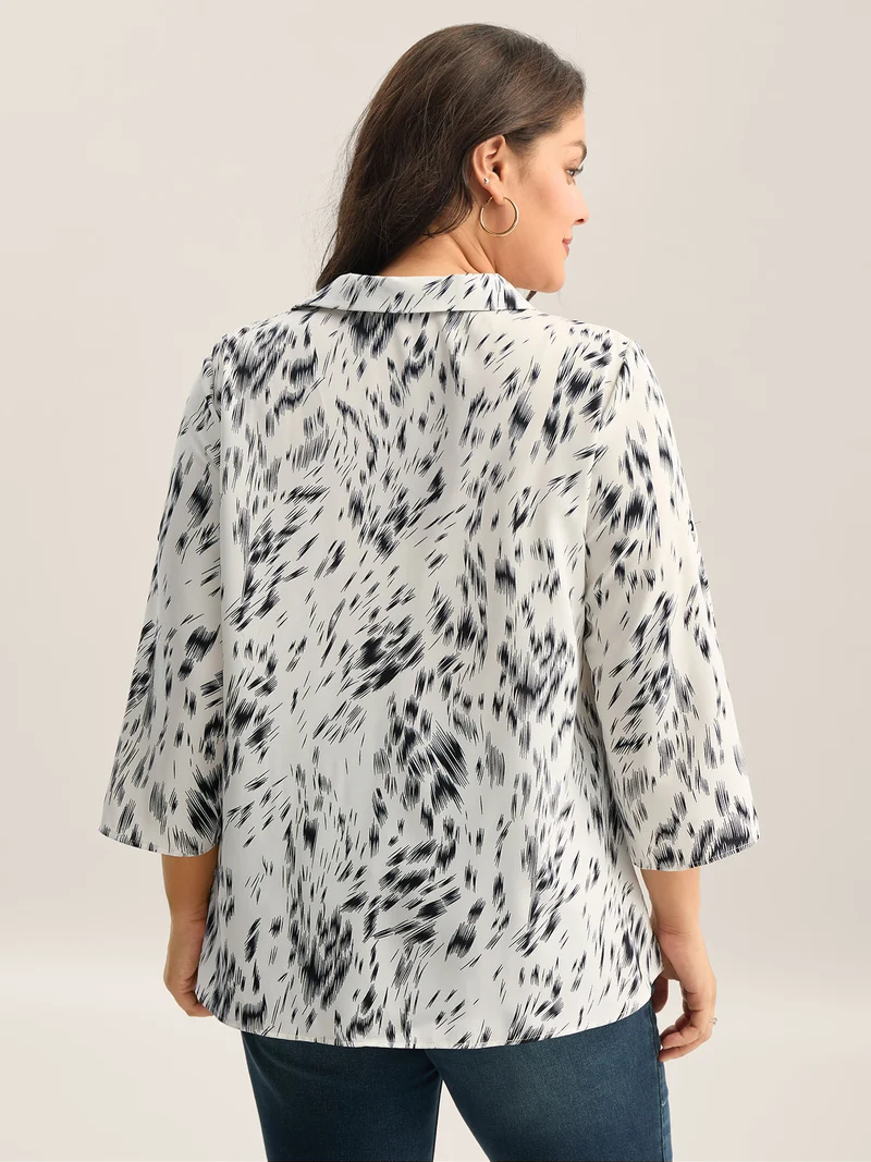 Zebra Print Tab Sleeve Shirt Collar Blouse