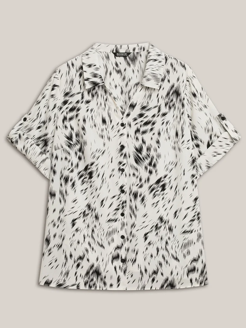 Zebra Print Tab Sleeve Shirt Collar Blouse