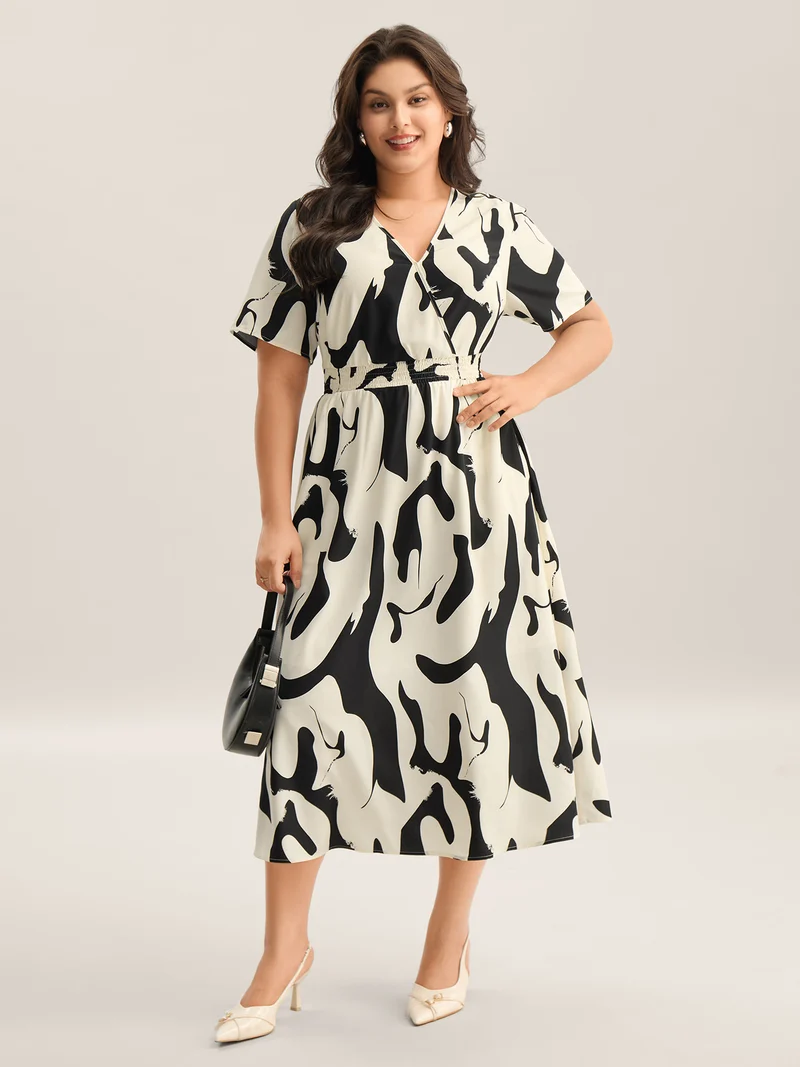 Geometric Print Surplice Neck Midi Dress