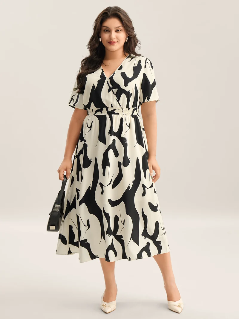 Geometric Print Surplice Neck Midi Dress