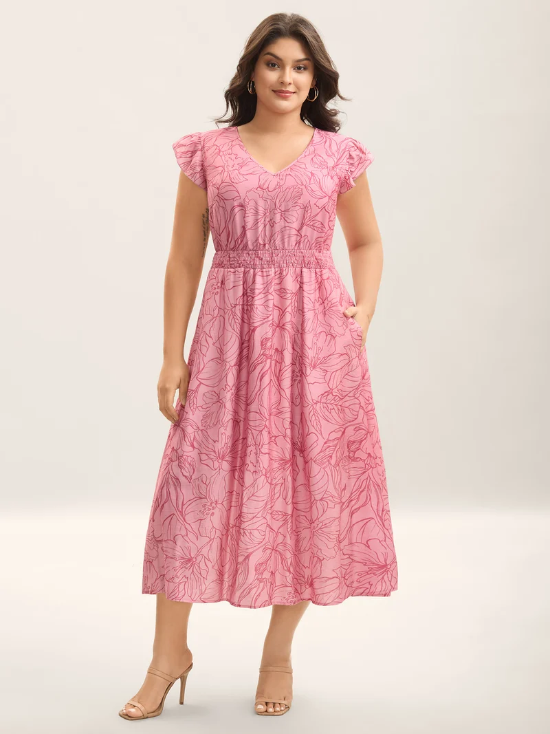 Floral Lines Cinched-Waist Pockets Midi Dress