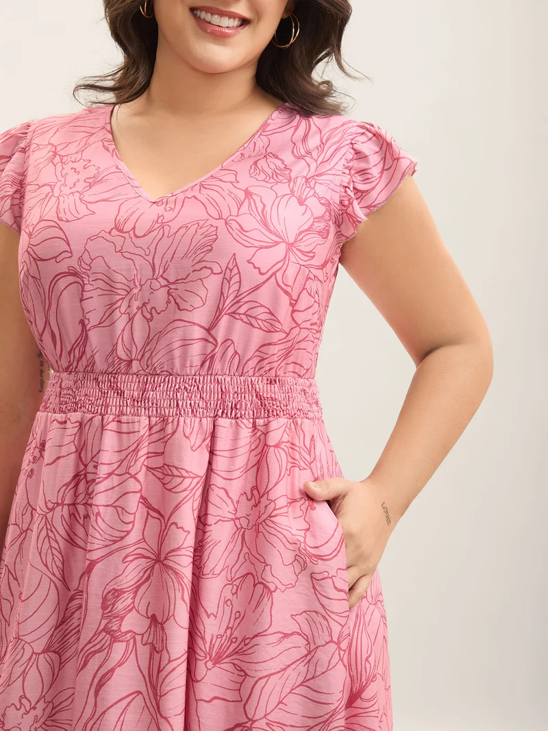Floral Lines Cinched-Waist Pockets Midi Dress