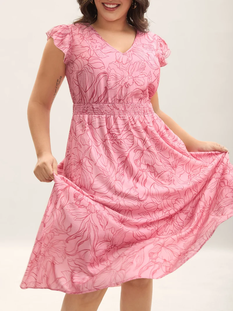 Floral Lines Cinched-Waist Pockets Midi Dress