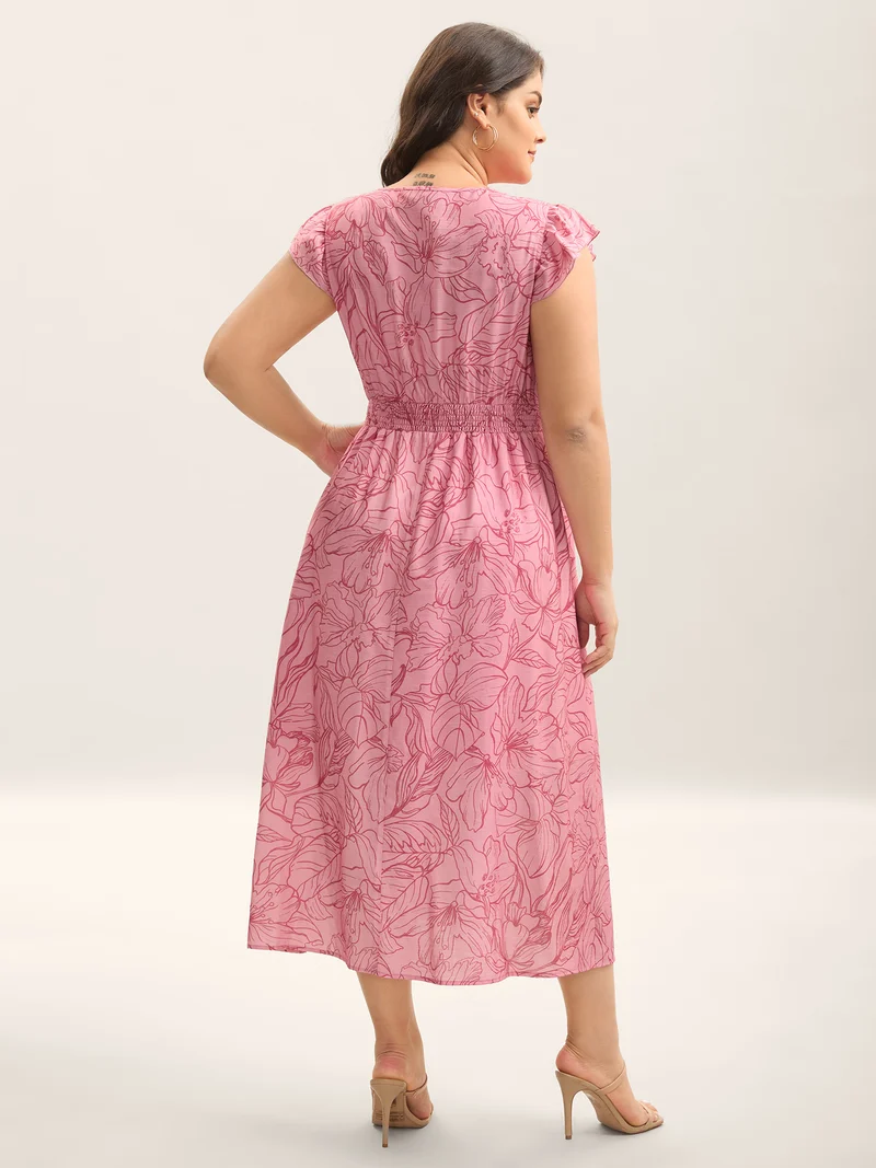 Floral Lines Cinched-Waist Pockets Midi Dress